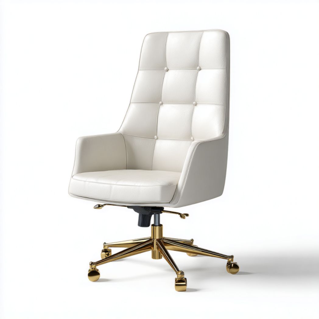 Silla de oficina giratoria de respaldo alto en piel blanca con base metálica dorada