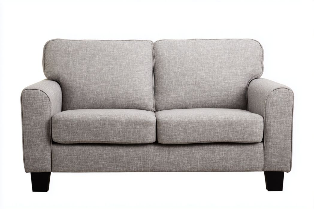 Sofá 2 plazas gris con patas de madera oscura diseño sencillo