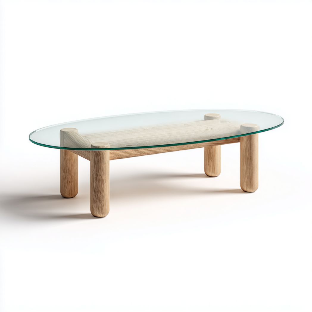 Mesa de centro ovalada de vidrio transparente con patas cilíndricas en roble claro 120×60×38 cm