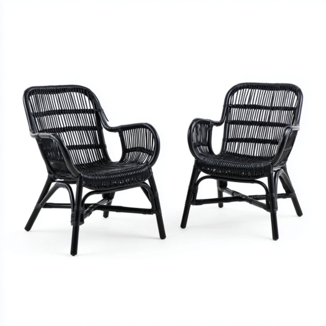 Pack 2 sillas de comedor de ratán negro con brazos y respaldo alto
