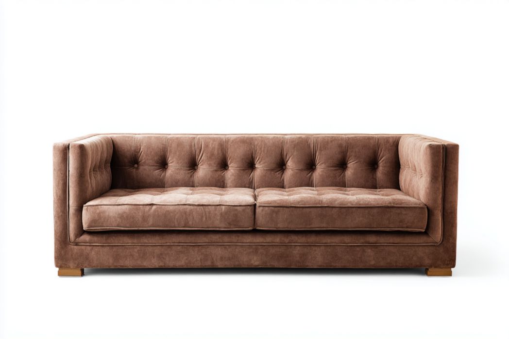 Sofá 3 plazas en tela marrón con capitoné y reposabrazos rectos
