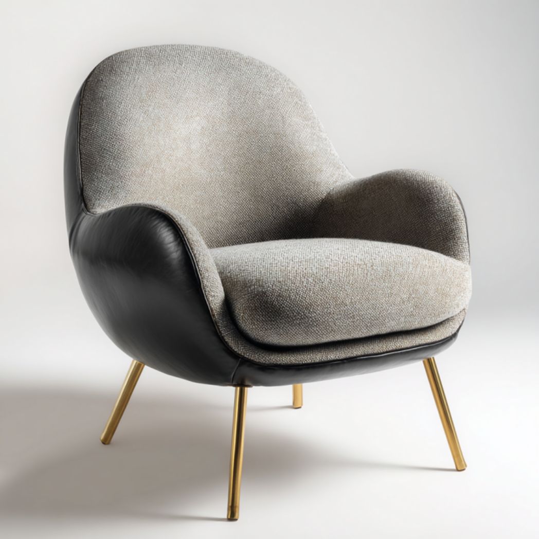 Sillón con brazos gris, carcasa exterior negra y patas doradas