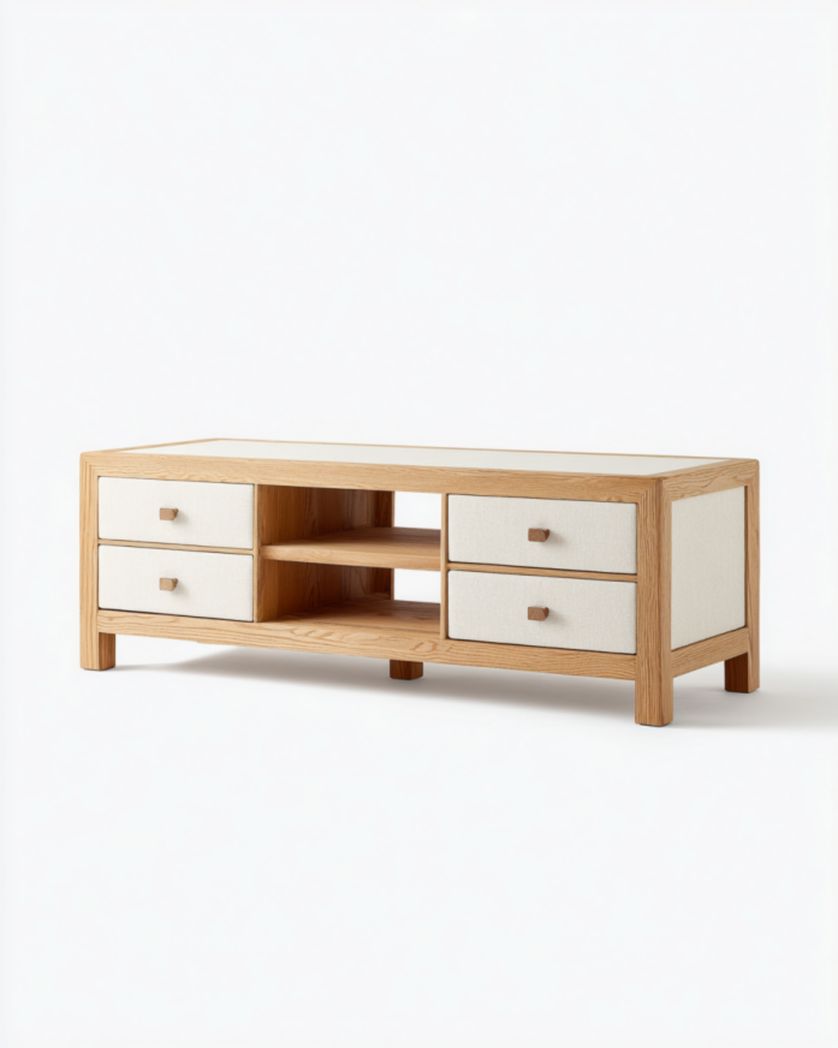 Mueble TV roble natural con paneles beige, 4 cajones y 2 estantes, 150×40×45 cm