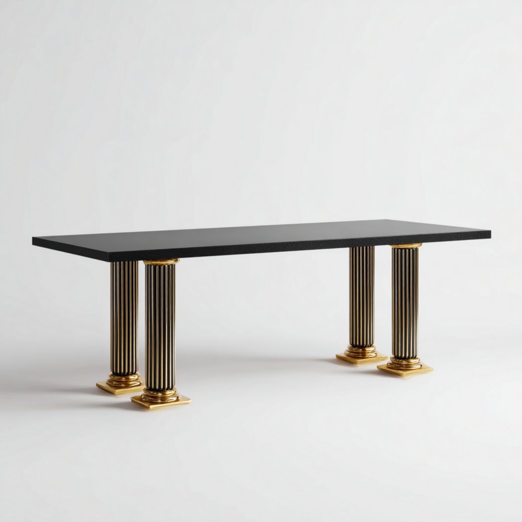 Escritorio rectangular negro con patas estilo columna doradas