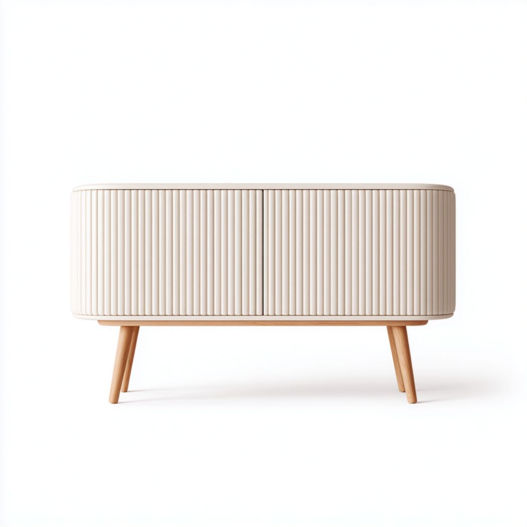 Mueble TV crema con frentes acanalados y patas tono roble – 150×40×55 cm