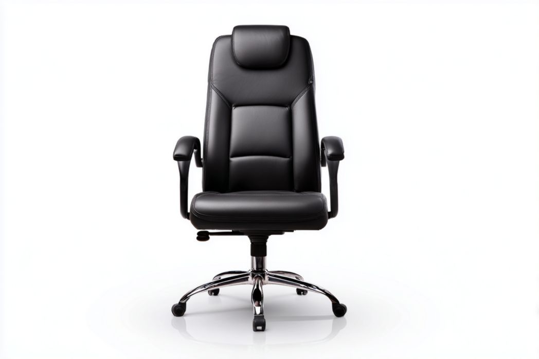 Silla de oficina de piel sintética negra con reposacabezas, reposabrazos y base metálica de cinco ruedas