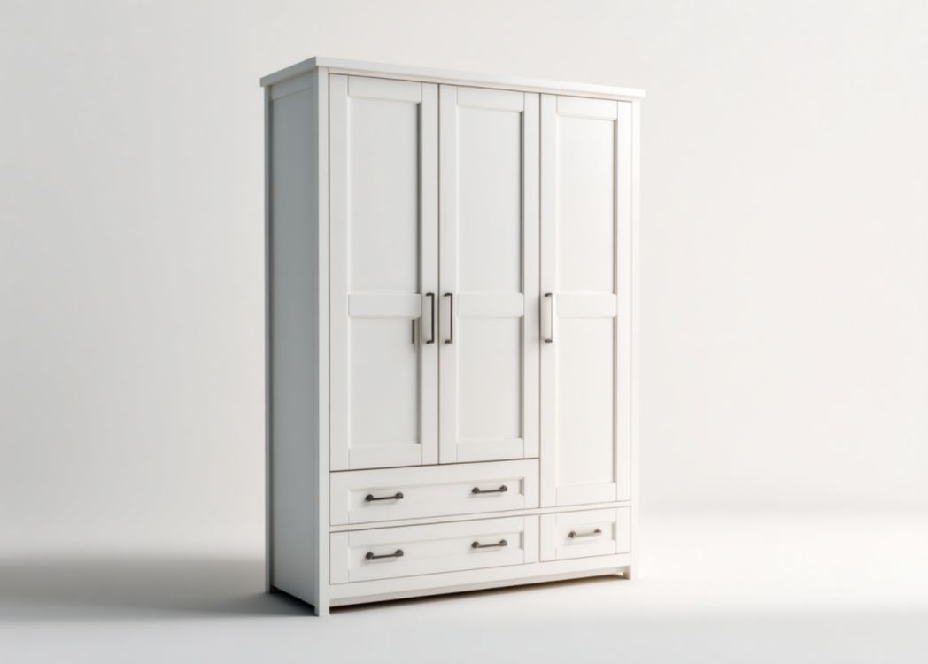 Armario blanco de madera con tres puertas y cajones