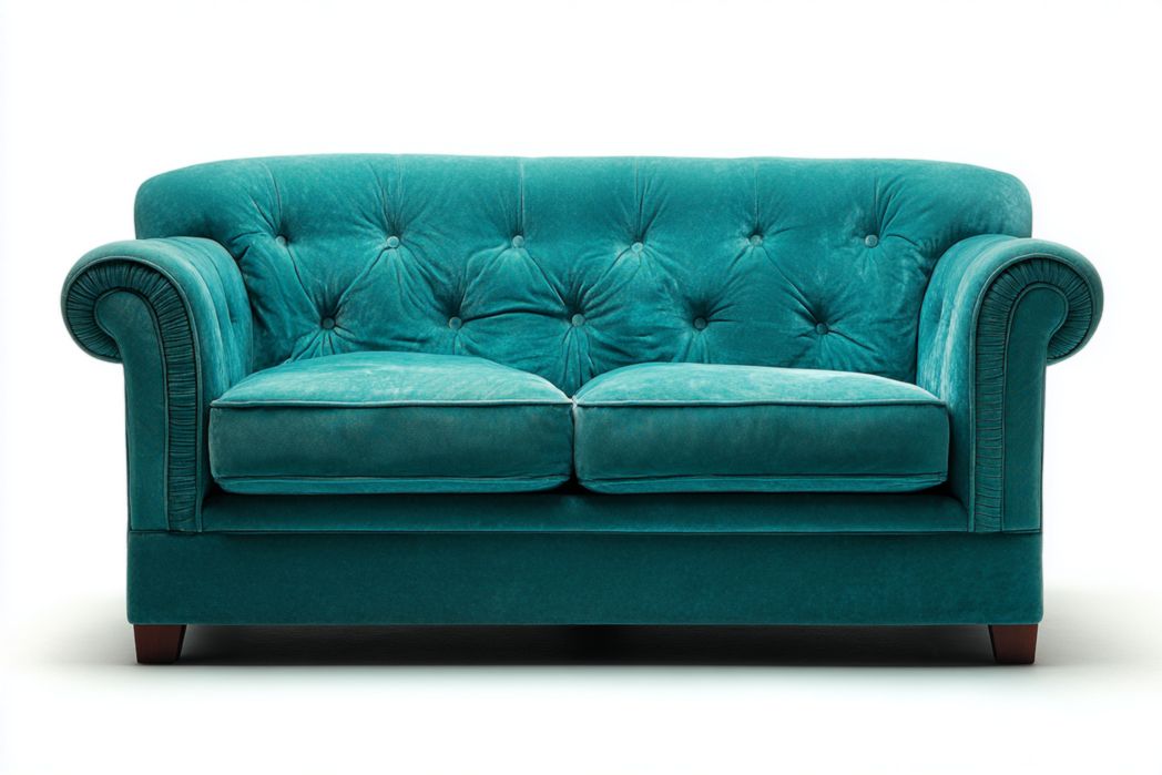 Sofá 3 plazas turquesa en terciopelo con respaldo capitoné y brazos enrollados