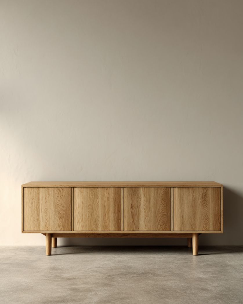 Mueble TV de roble natural con 4 puertas y patas altas, 200×45×60 cm