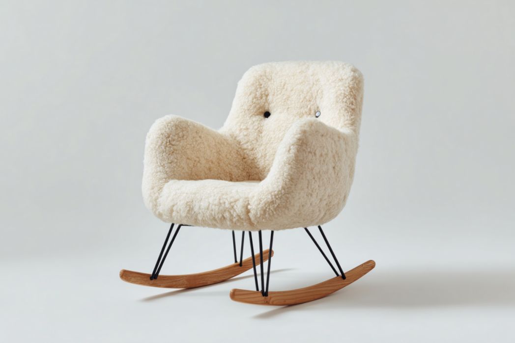 Mecedora bouclé crema con patas metálicas y patines de madera