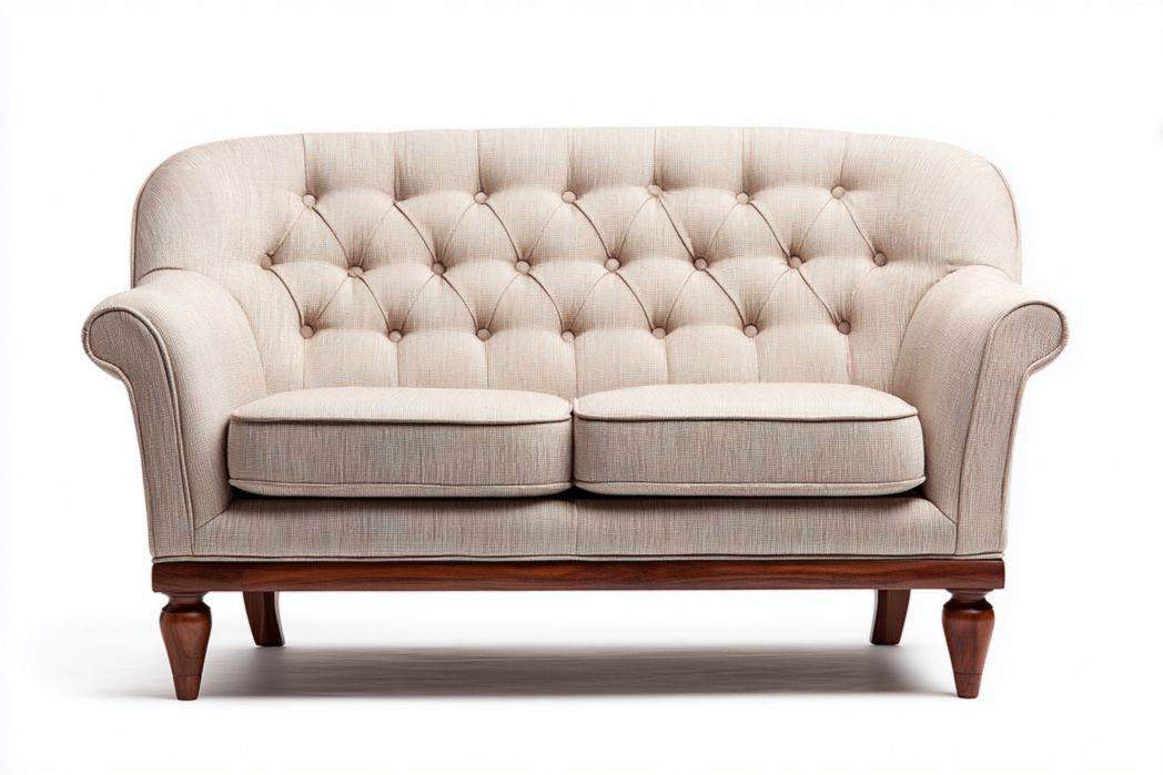 Sofá de 2 plazas en tela beige con diseño clásico y patas de madera tallada