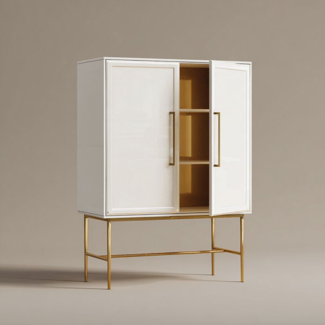 Zapatero blanco de dos puertas con estructura metálica dorada