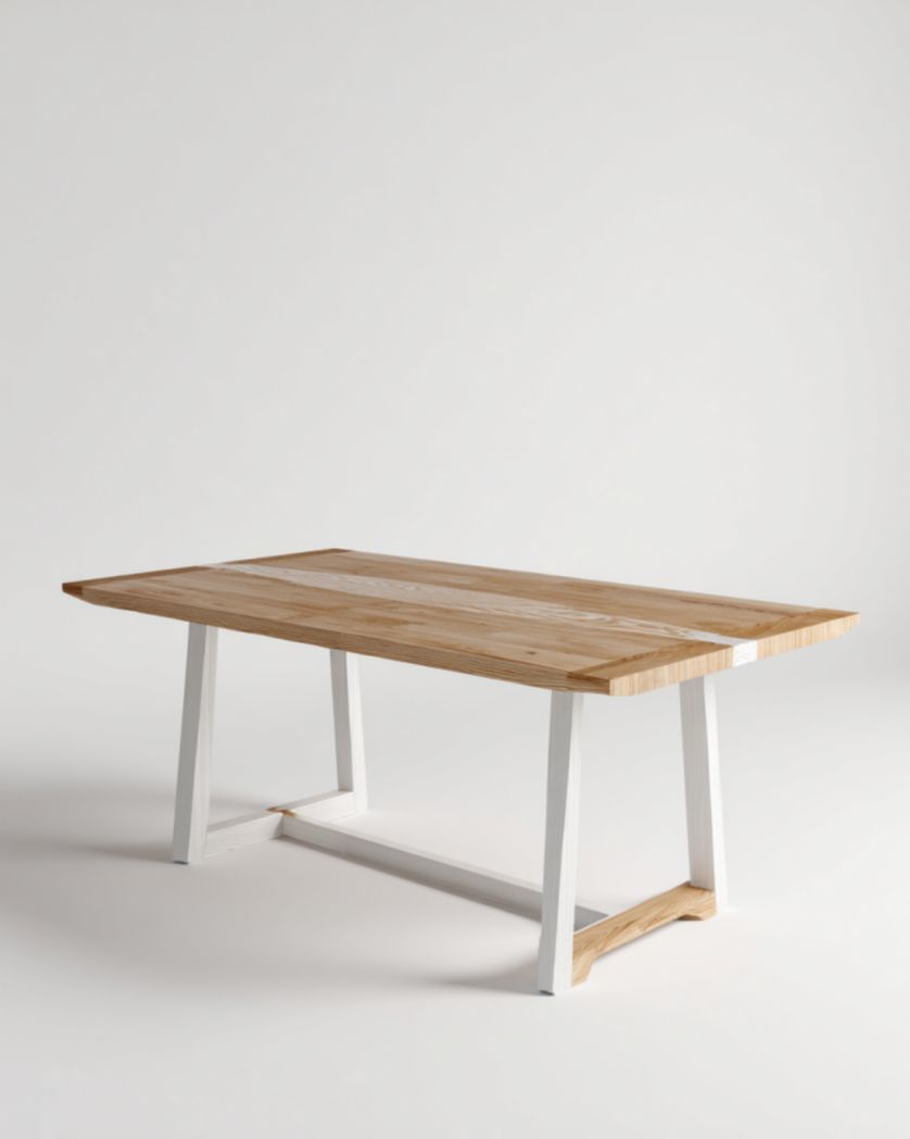 Mesa de comedor madera natural con base blanca tipo caballete y travesaño, 180×90×75 cm