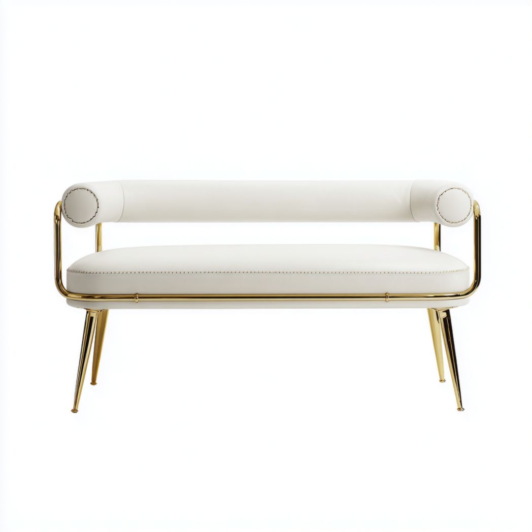 Banco con respaldo cilíndrico tapizado en piel sintética blanca y estructura metálica dorada