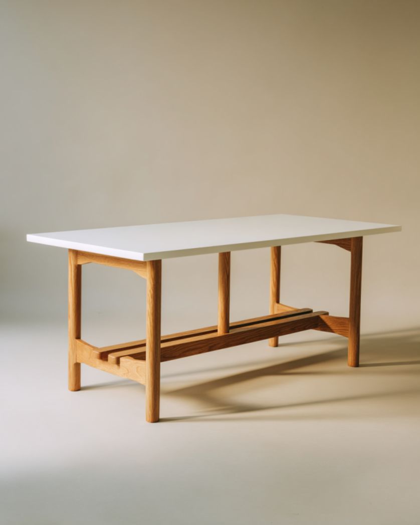 Mesa de comedor blanca con tablero lacado y base de madera roble con travesaño central, 160×80×75 cm