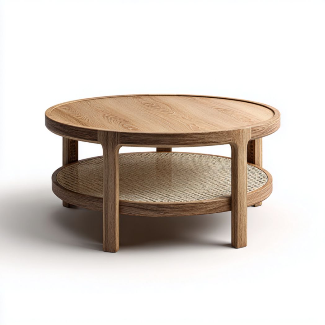 Mesa de centro redonda en roble con borde tipo bandeja y estante de rejilla, 80×80×40 cm