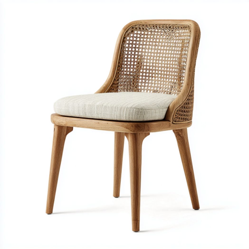 Silla de jardín de madera natural con respaldo de rejilla y cojín beige 50×56×82 cm