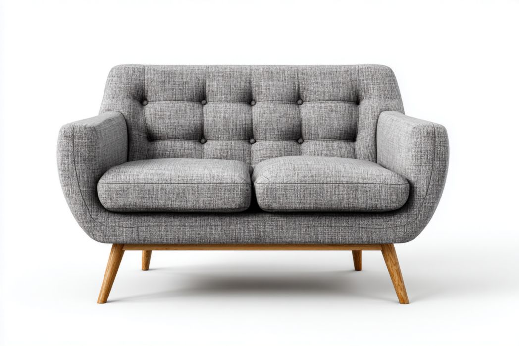 Sofá 2 plazas gris con respaldo capitoné y patas de madera