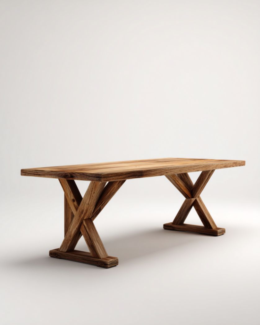 Mesa de comedor de madera maciza roble rústico con doble base en “X”, 200×100×75 cm