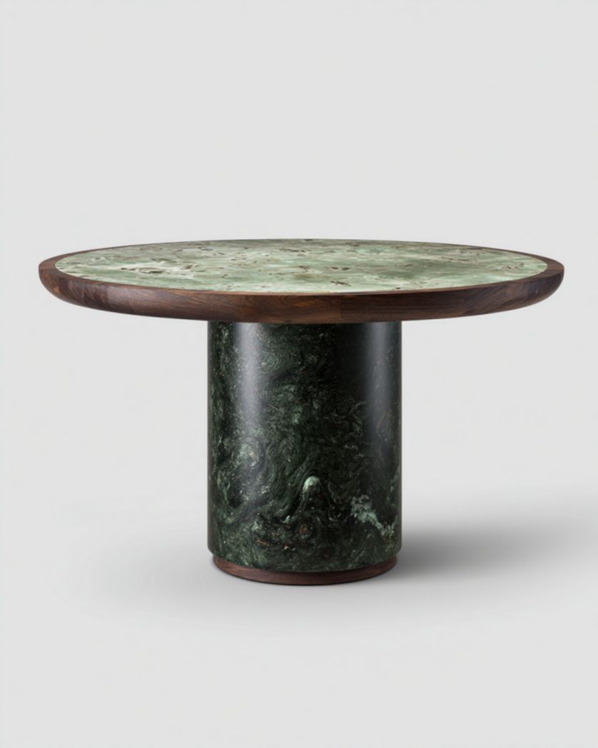 Mesa de comedor redonda de mármol verde con borde en madera nogal y pedestal cilíndrico, Ø120×75 cm