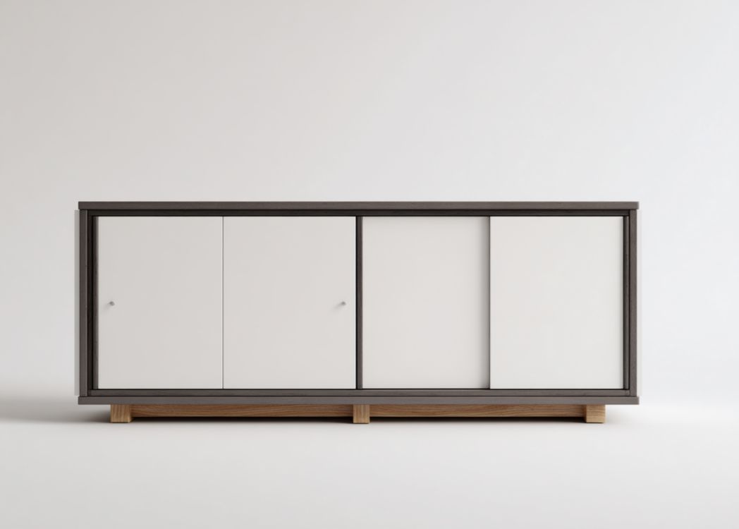 Zapatero de cuatro puertas con paneles blancos y marco oscuro