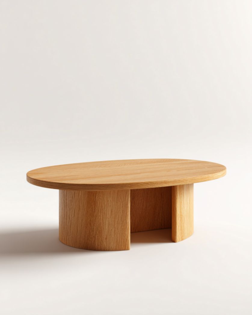 Mesa de centro oval roble claro con base de tres soportes curvos, 120×70×35 cm