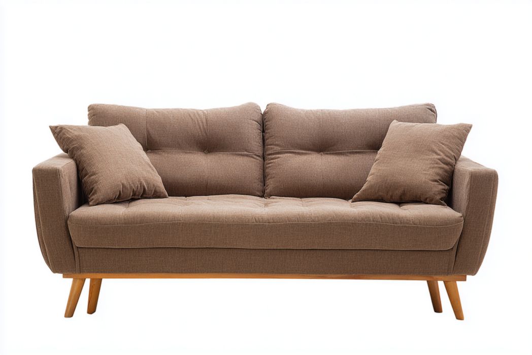 Sofá 2 plazas color marrón con cojines y patas de madera