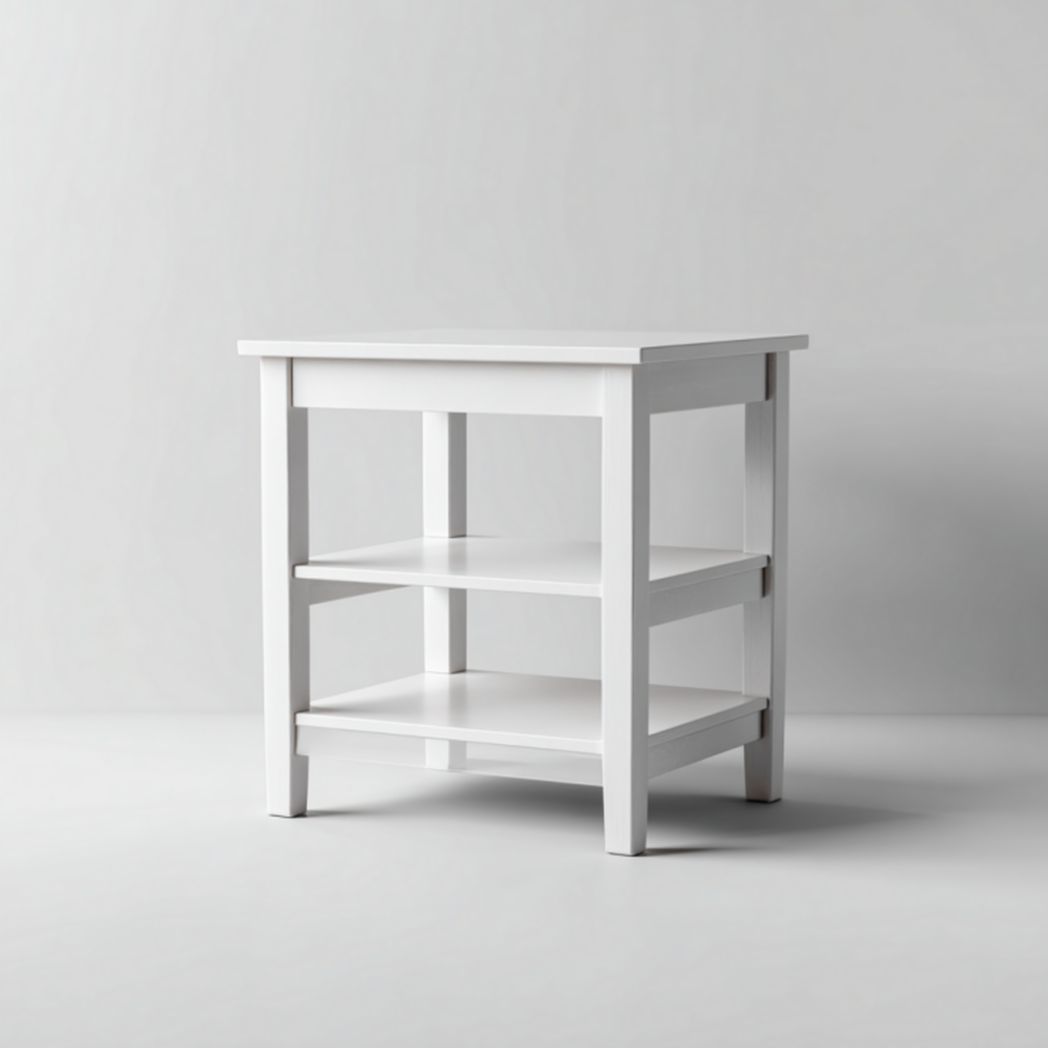 Mesita de noche blanca de madera con 2 estantes abiertos