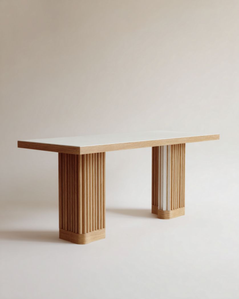 Mesa de comedor blanca con tablero de piedra sinterizada y base doble de madera acanalada, 180×90×75 cm