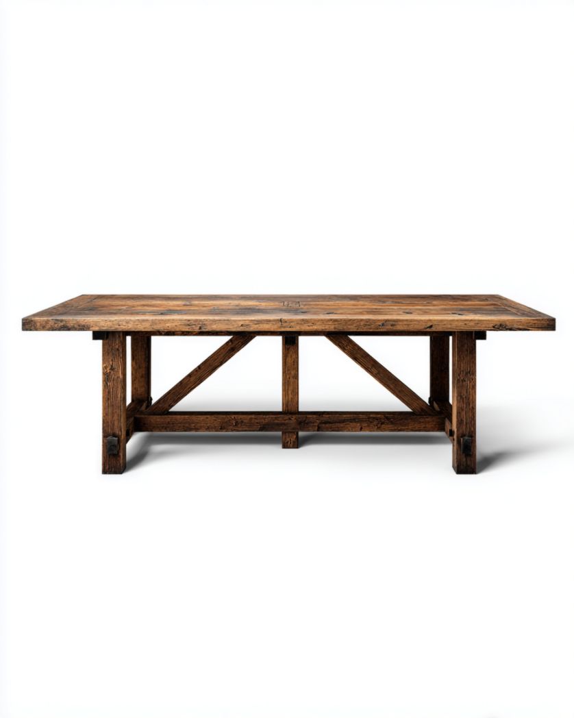 Mesa de centro de madera nogal oscuro con refuerzos triangulares y travesaño, 120×60×42 cm