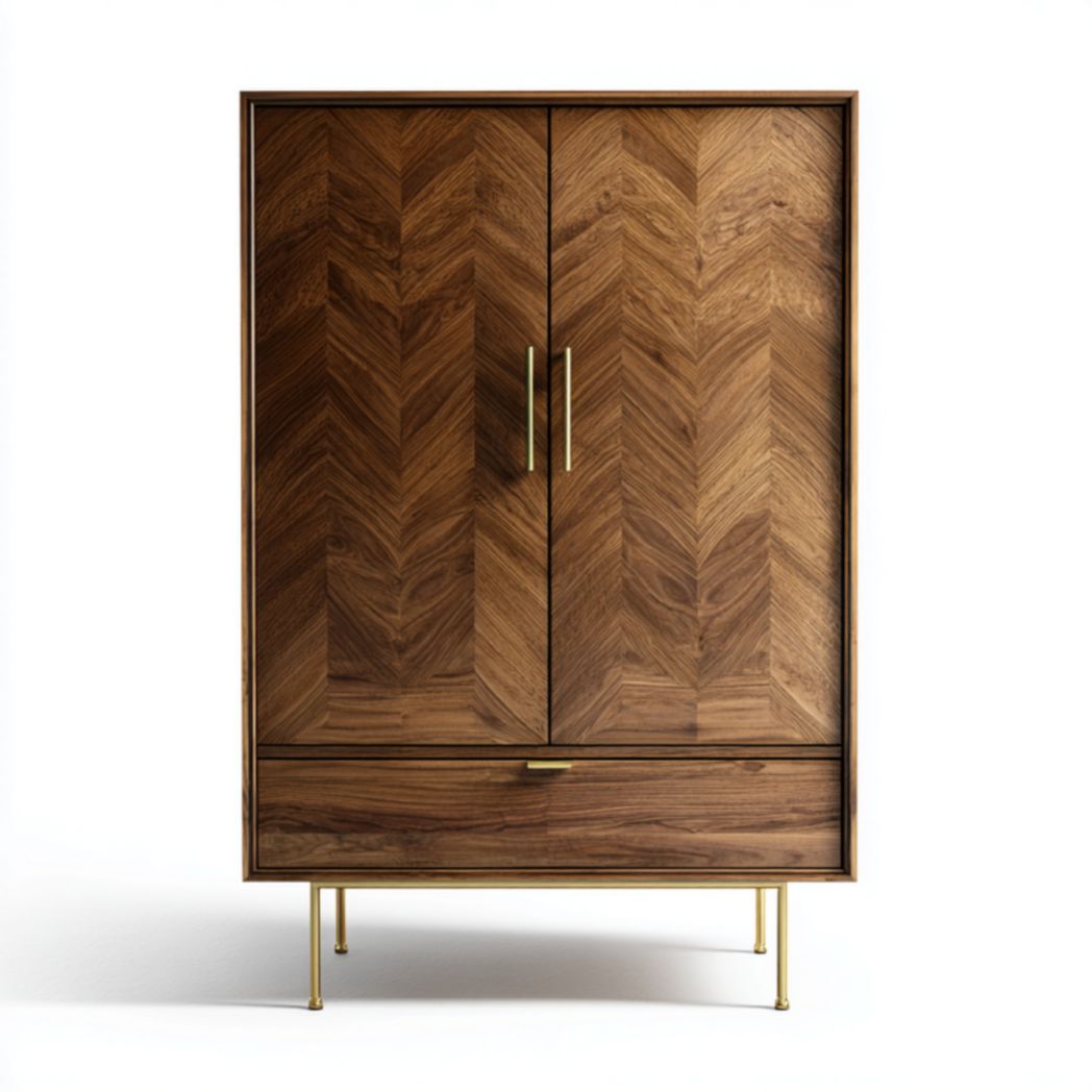 Armario de madera color nogal con diseño en espiga, dos puertas y cajón inferior