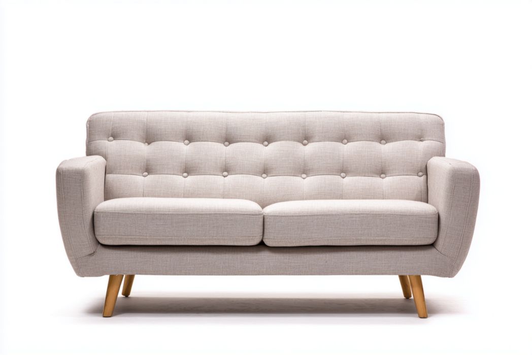 Sofá de 2 plazas en tela beige con cojines y patas de madera