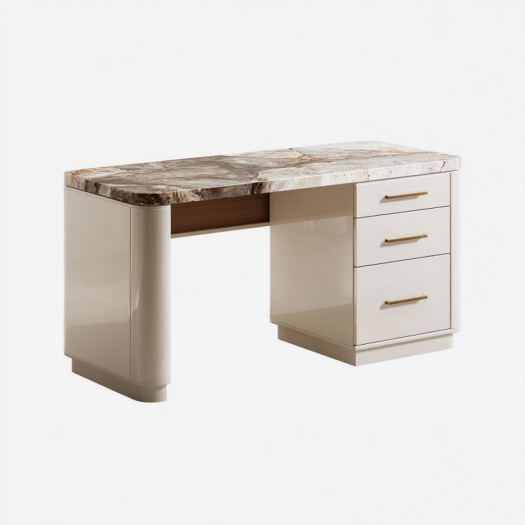 Escritorio beige con tablero de mármol y 3 cajones