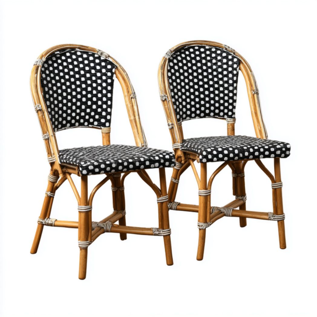 Pack 2 sillas bistró de ratán natural con asiento y respaldo trenzados en negro/blanco