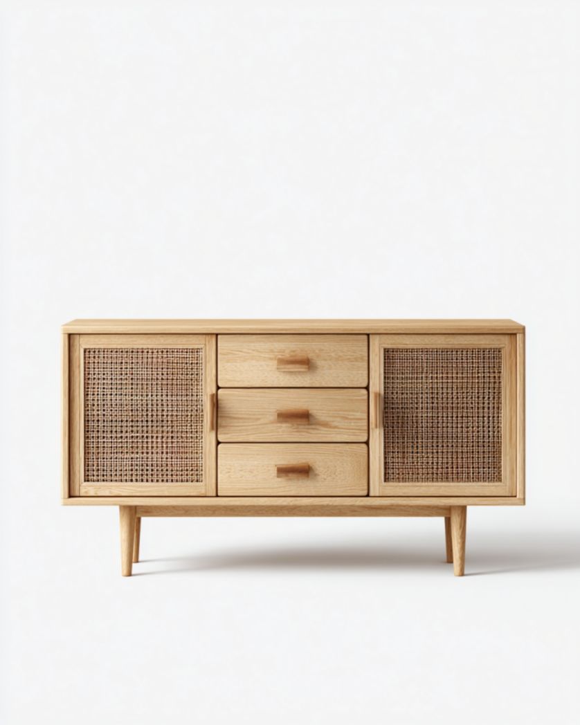 Aparador roble claro con puertas de ratán y 3 cajones, 140×40×80 cm