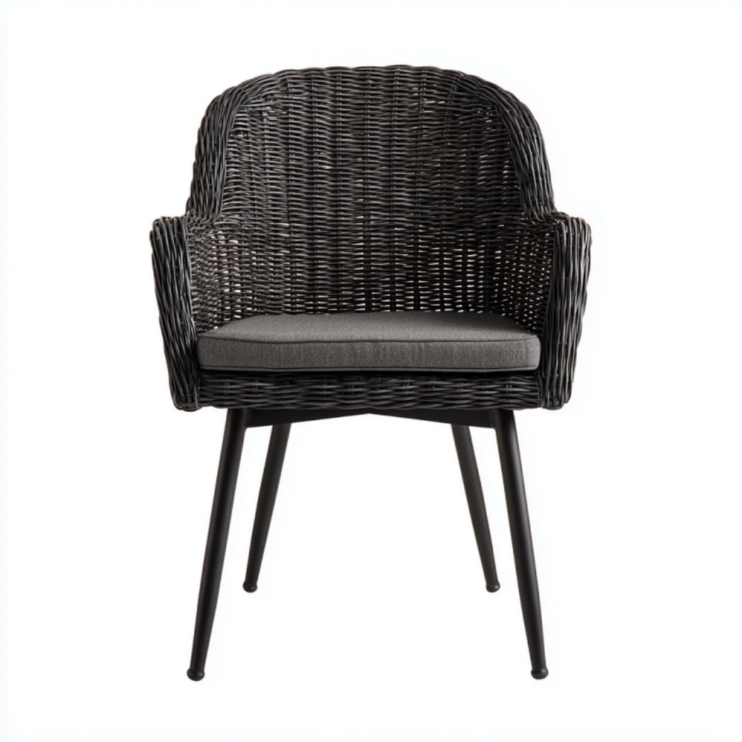 Silla de jardín de ratán sintético negro con patas metálicas y cojín gris oscuro 58×60×83 cm