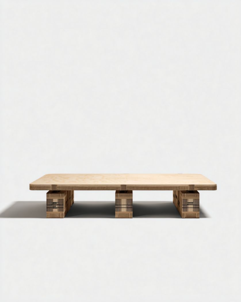 Mesa de centro baja color madera clara con tablero de contrachapado y patas en bloques, 120×60×28 cm