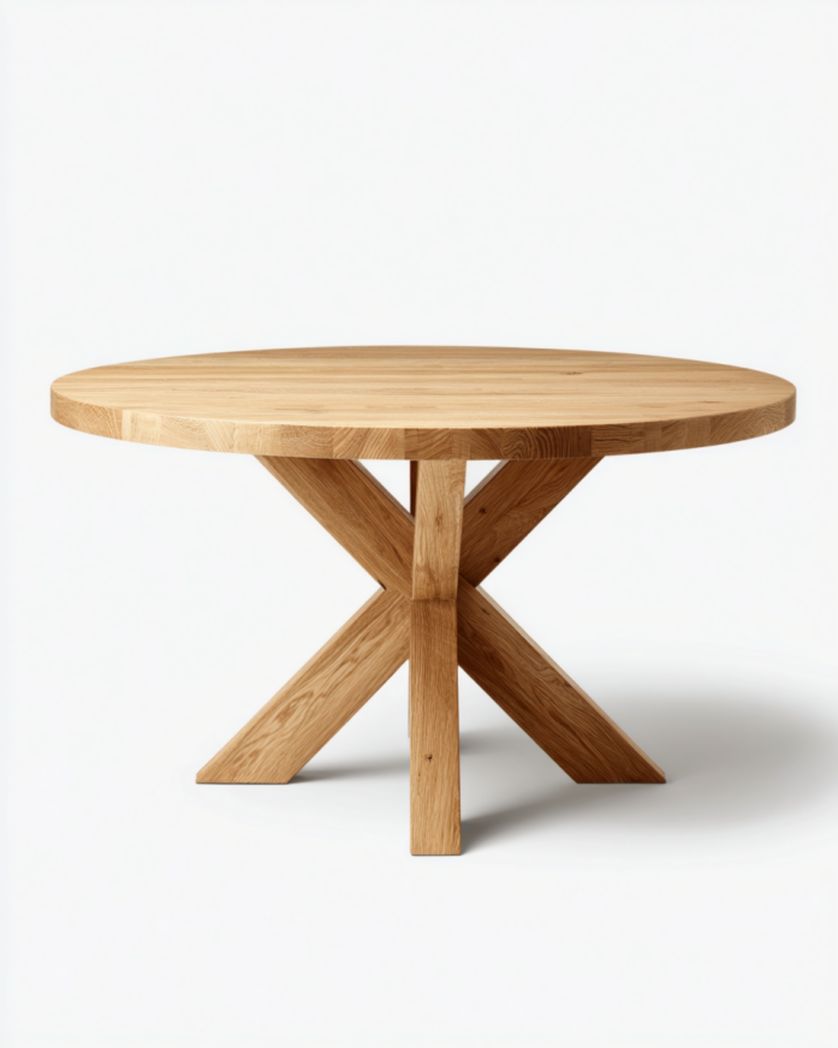 Mesa de comedor redonda de madera maciza roble natural con base cruzada central, Ø130×75 cm