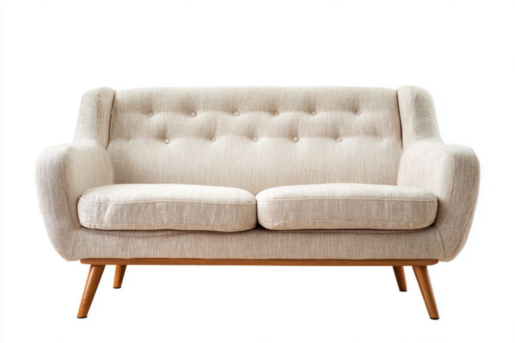 Sofá 2 plazas en tela beige con patas de madera