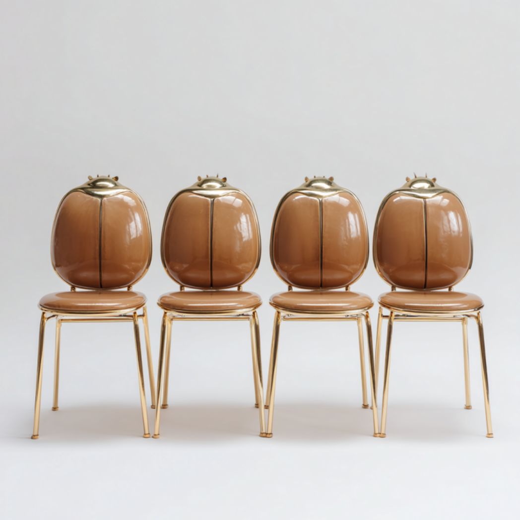 Pack 4 sillas de comedor color caramelo, tapizado PU y patas doradas