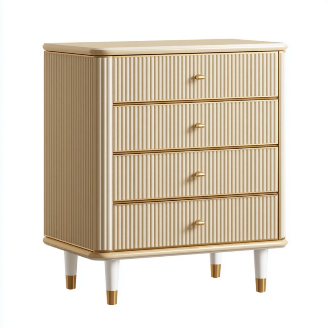 Cómoda estriada crema y dorado con 4 cajones y patas cónicas, 80×40×95 cm