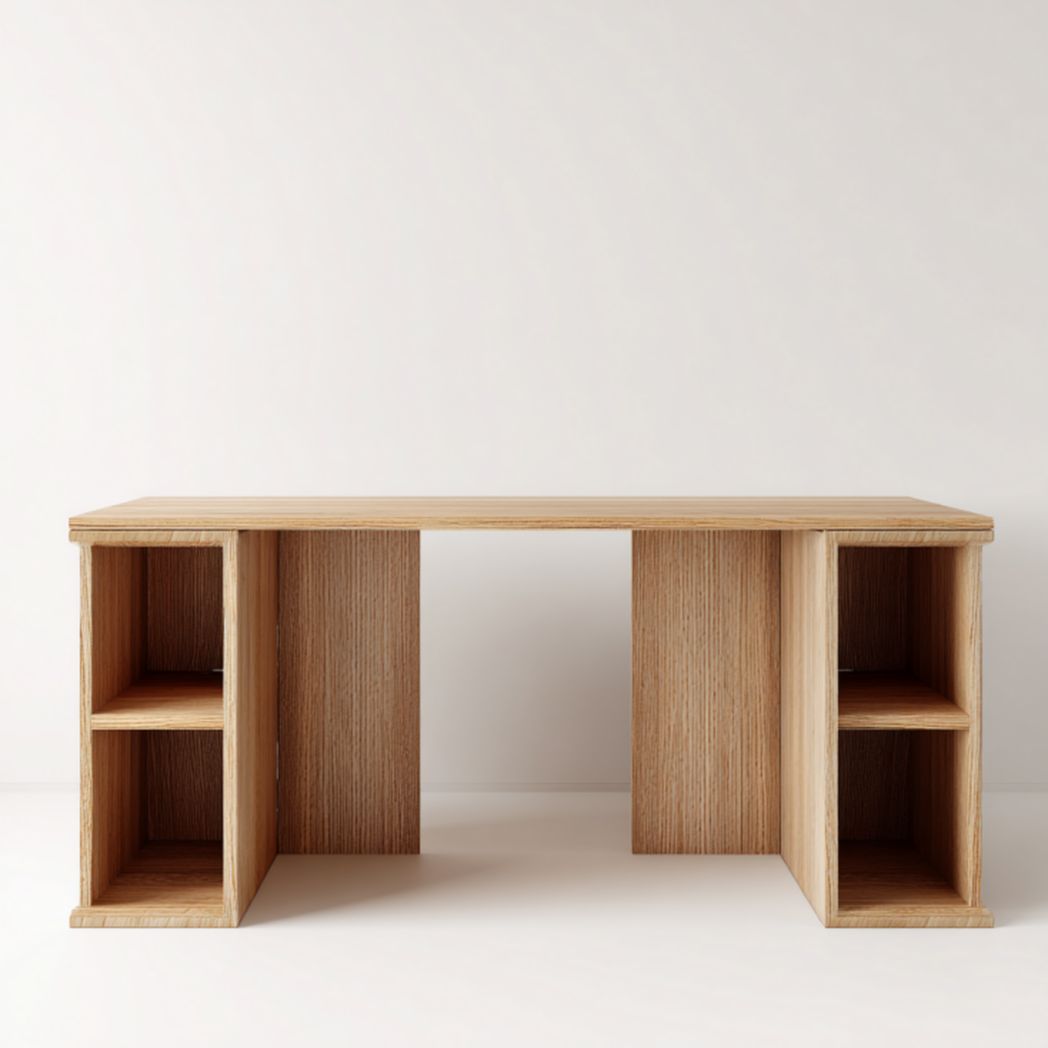Escritorio de madera clara con estantes abiertos laterales