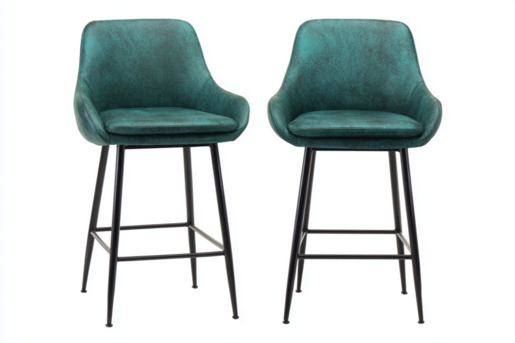Juego de 2 taburetes de bar tapizados en piel sintética verde con respaldo y reposapiés metálico