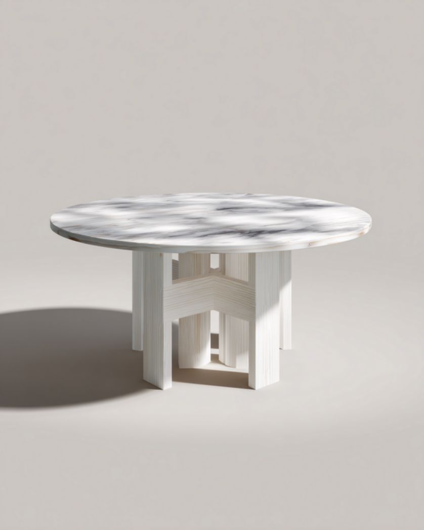 Mesa de comedor redonda blanco veteado con tablero efecto mármol y base geométrica de madera, Ø130×75 cm