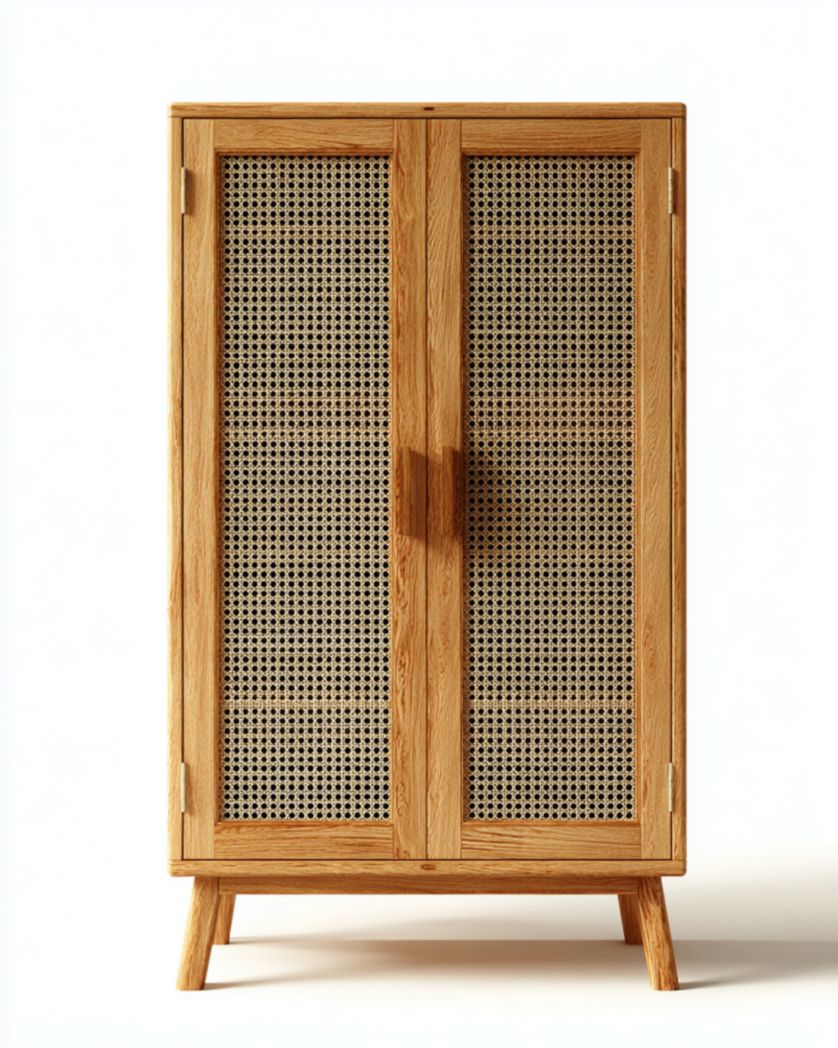Armario alto de dos puertas en roble con frentes de rejilla de ratán y patas elevadas 100×45×150 cm