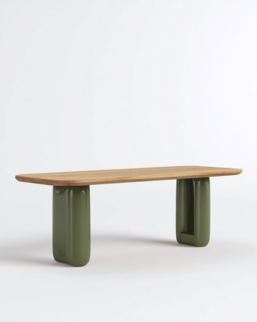 Mesa de centro rectangular roble claro con patas en U color verde oliva, cantos redondeados 120×60×40 cm