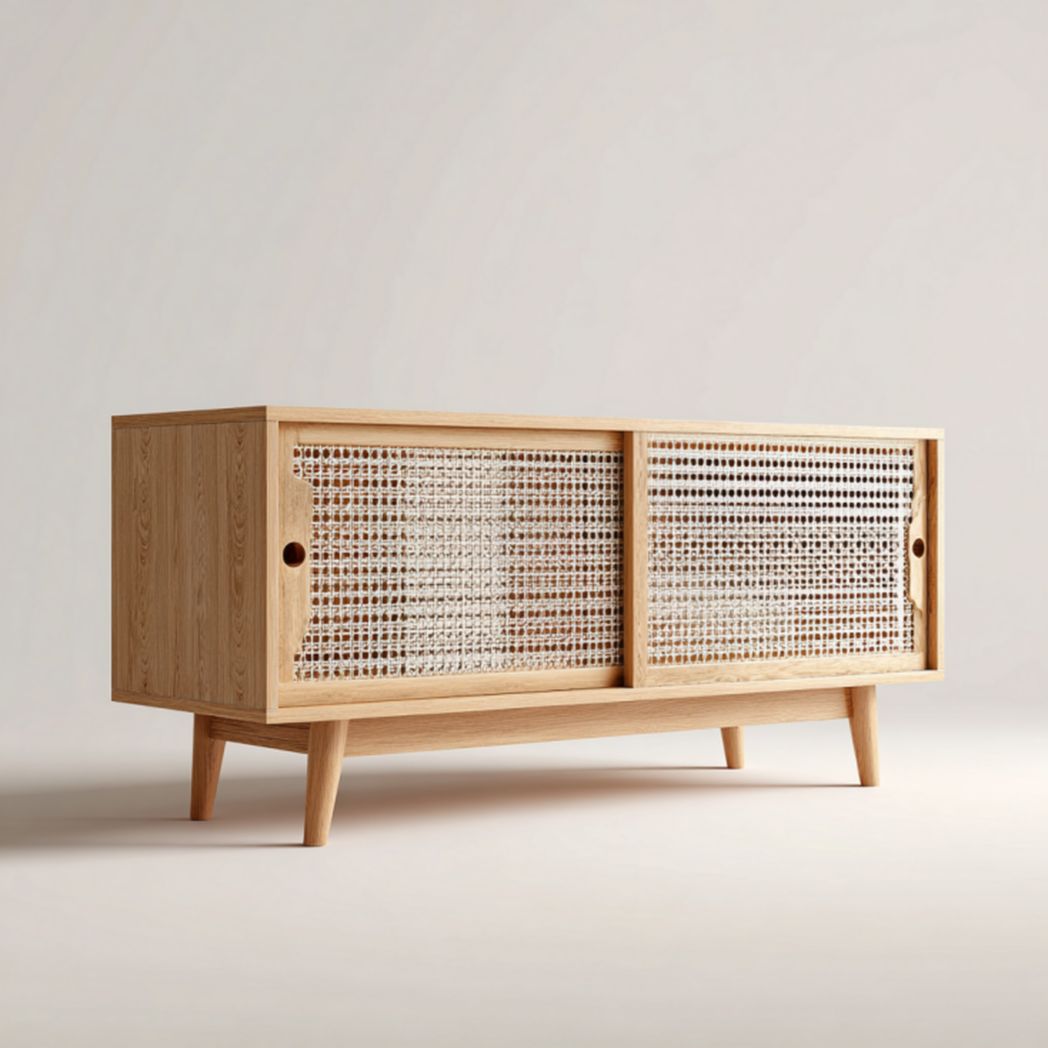 Mueble TV de madera natural con puertas correderas de rejilla de ratán — patas cónicas 140×40×55 cm