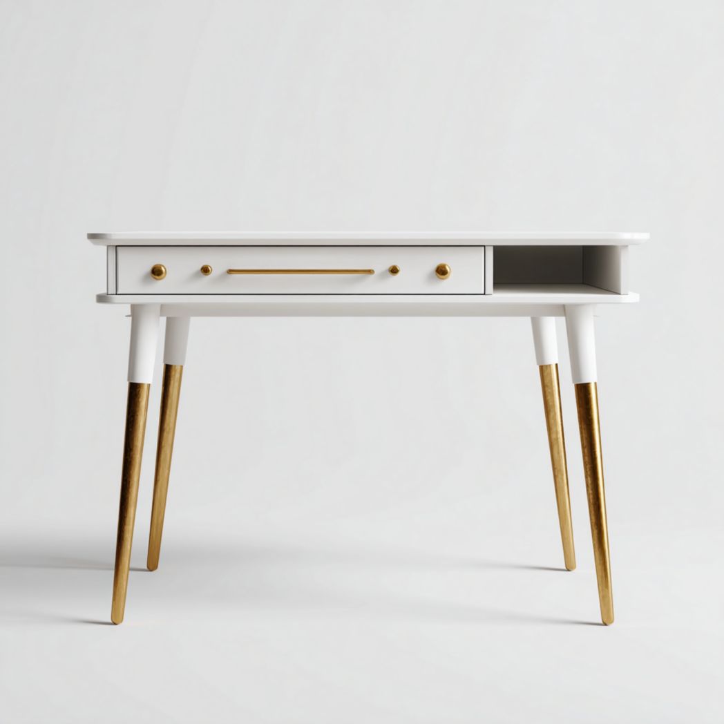 Escritorio blanco de madera con cajón, compartimento abierto y detalles dorados
