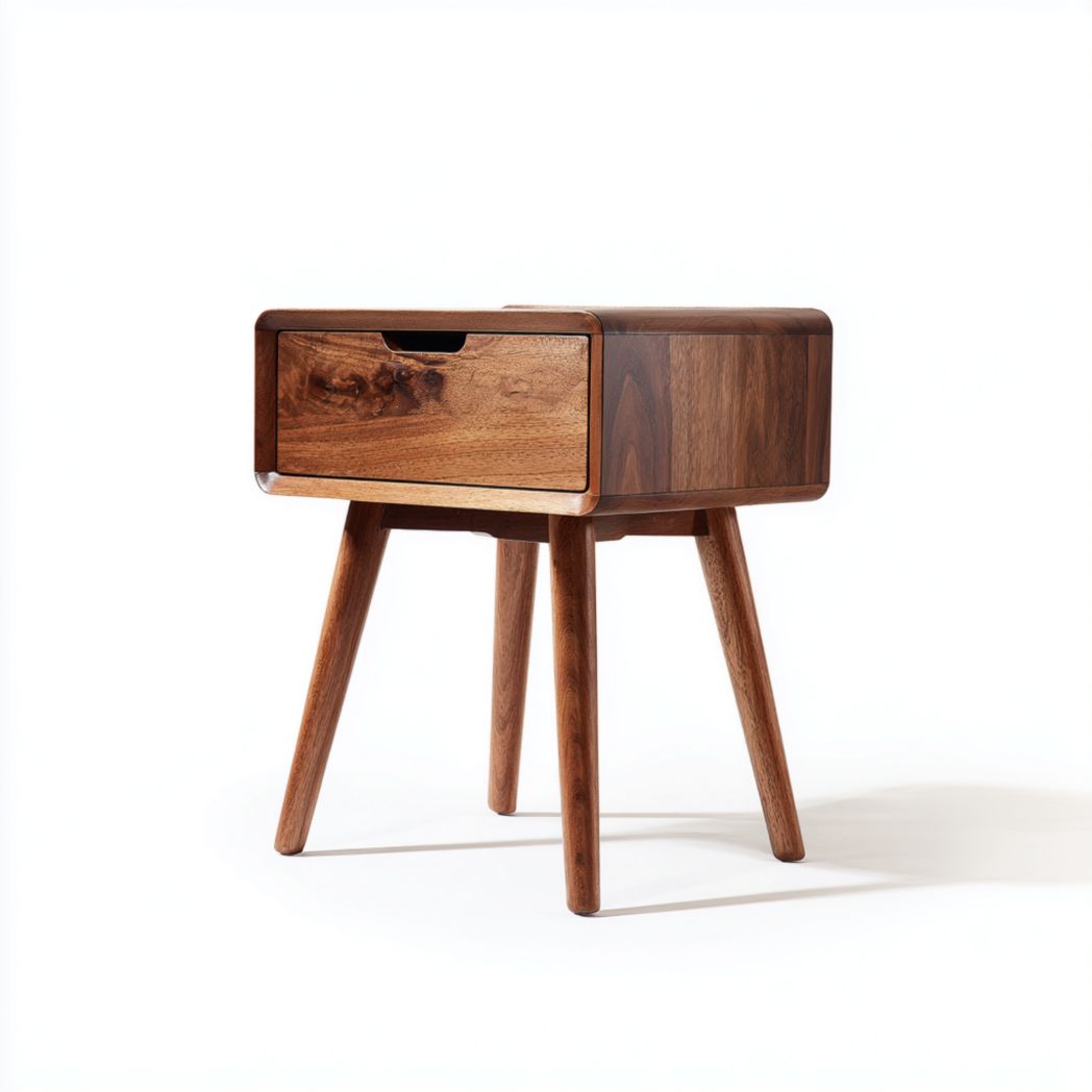 Mesita de noche de madera maciza con 1 cajón y patas altas