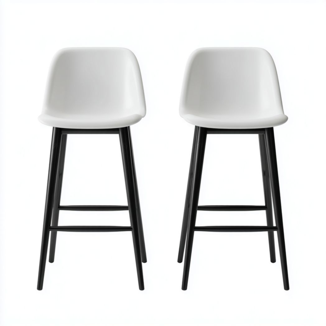 Pack 2 taburetes altos blanco con patas negras, asiento curvo y reposapiés